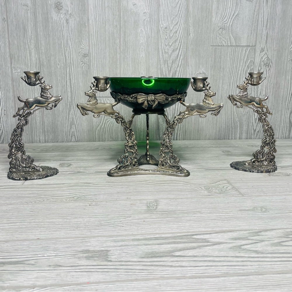 Vintage Godinger Silver Reindeer Christmas Candle Holder Bowl & matching sticks